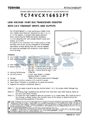 TC74VCX16652FT datasheet - LOW VOLTAGE 16-BIT BUS TRANSCEIVER/REGISTER BUFFER WITH 3.6V TOLERANT INPUTS AND OUTPUTS