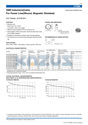 VLF4012AT-2R2M1R5 datasheet - SMD Inductors(Coils) For Power Line(Wound, Magnetic Shielded)