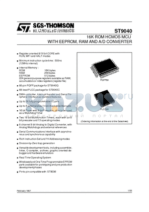 ST9040 datasheet - 16K ROM HCMOS MCU WITH EEPROM, RAM AND A/D CONVERTER