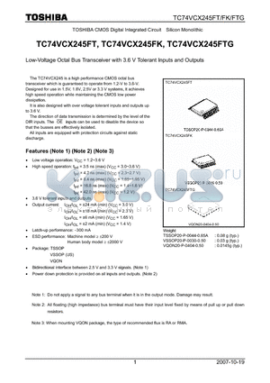 TC74VCX245FK datasheet - Low-Voltage Octal Bus Transceiver with 3.6 V Tolerant Inputs and Outputs