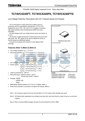 TC74VCX245FT_07 datasheet - Low-Voltage Octal Bus Transceiver with 3.6 V Tolerant Inputs and Outputs