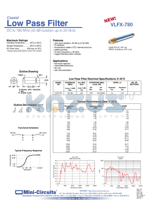 VLFX-780 datasheet - Low Pass Filter DC to 780 MHz (40 dB Isolation up to 20 GHz)