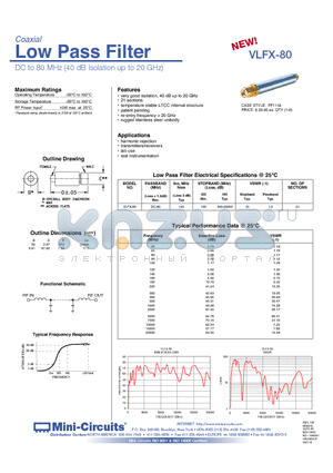 VLFX-80 datasheet - Low Pass Filter DC to 80 MHz (40 dB Isolation up to 20 GHz)