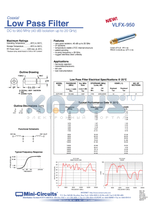 VLFX-950 datasheet - Low Pass Filter DC to 950 MHz (40 dB Isolation up to 20 GHz)
