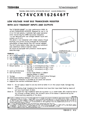 TC74VCXR162646FT datasheet - LOW VOLTAGE 16-BIT BUS TRANSCEIVER/REGISTER WITH 3.6V TOLERANT INPUTS AND OUTPUTS