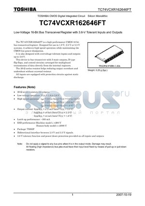 TC74VCXR162646FT_07 datasheet - Low-Voltage 16-Bit Bus Transceiver/Register with 3.6-V Tolerant Inputs and Outputs