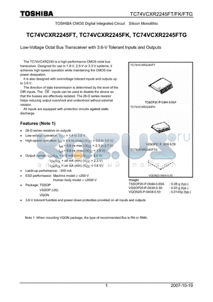 TC74VCXR2245FTG datasheet - Low-Voltage Octal Bus Transceiver with 3.6-V Tolerant Inputs and Outputs