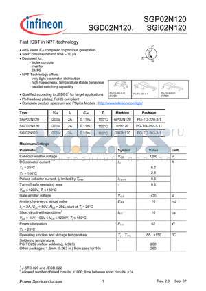 SGD02N120 datasheet - Fast IGBT in NPT-technology 40% lower Eoff compared to previous generation