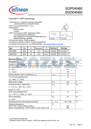 SGD04N60 datasheet - Fast IGBT in NPT-technology 75% lower Eoff compared to previous generation