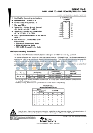 SN74LVC139AQPWRQ1 datasheet - DUAL 2-LINE TO 4-LINE DECODER/DEMULTIPLEXER