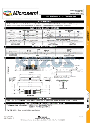 SGE2641-3GTR datasheet - 6W LMT3811 47.2:1 Transformer