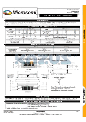 SGE2644-1GT datasheet - 6W LMT3811 28.3:1 Transformer