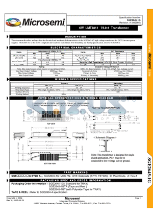 SGE2645-1GTR datasheet - 6W LMT3811 75.0:1 Transformer