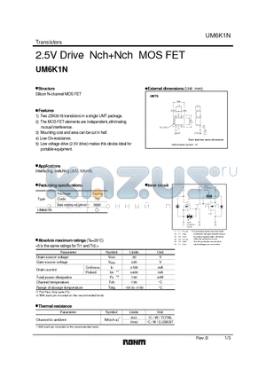 UM6K1N datasheet - 2.5V Drive NchNch MOS FET