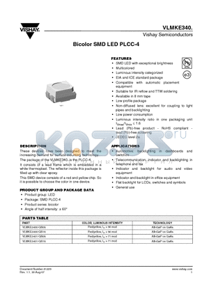 VLMKE3400-GS08 datasheet - Bicolor SMD LED PLCC-4