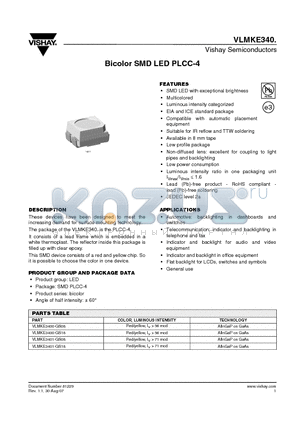 VLMKE3401-GS08 datasheet - Bicolor SMD LED PLCC-4