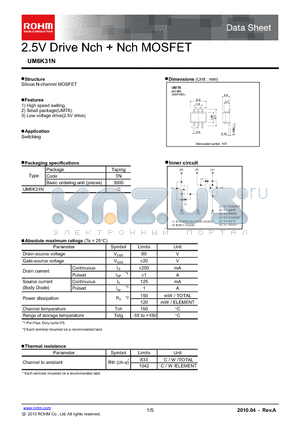 UM6K31N datasheet - 2.5V Drive Nch  Nch MOSFET