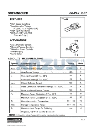 SGF40N60UFD datasheet - High Speed Switching