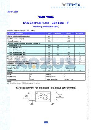 TMXT504 datasheet - SAW BANDPASS FILTER