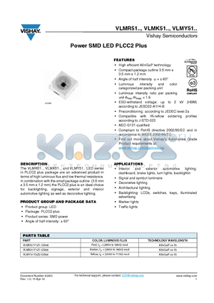 VLMR51Y1Z1-GS08 datasheet - Power SMD LED PLCC2 Plus High efficient AlInGaP technology