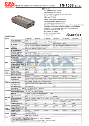 TN-1500-224 datasheet - 1500W True Sine Wave DC-AC Inverter with Solar Charger