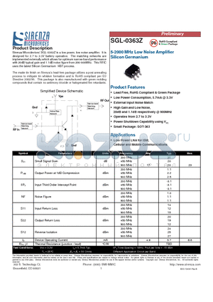 SGL-0363Z datasheet - 5-2000 MHz Low Noise Amplifier Silicon Germanium