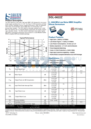 SGL-0622Z datasheet - 5 - 4000 MHz Low Noise MMIC Amplifier Silicon Germanium