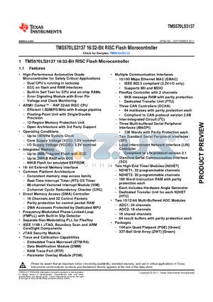 TMX5703137BZWTQQ1 datasheet - TMS570LS3137 16/32-Bit RISC Flash Microcontroller