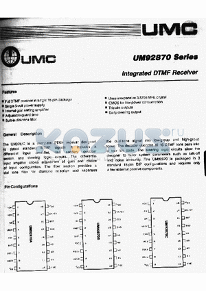 UM92870C datasheet - INTEGRATED DTMF RECEIVER