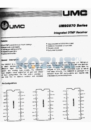 UM92870 datasheet - INTEGRATED DTMF RECEIVER