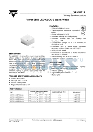 VLMW611BADAK3L5-08 datasheet - Power SMD LED CLCC-6 Warm White
