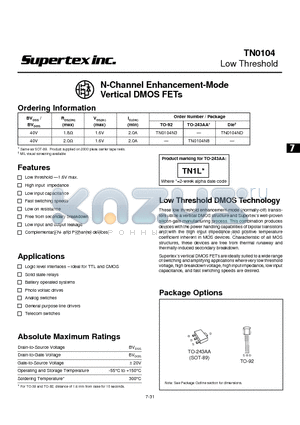 TN0104N3 datasheet - N-Channel Enhancement-Mode Vertical DMOS FETs