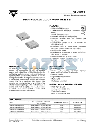 VLMW621CADBK3L5-08 datasheet - Power SMD LED CLCC-6 Warm White Flat