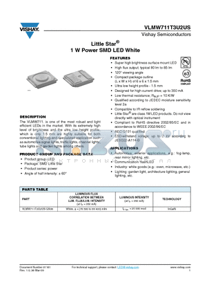 VLMW711T3U2US-GS08 datasheet - Little Star^ 1 W Power SMD LED White