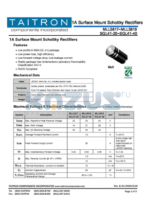 SGL41-20 datasheet - 1A Surface Mount Schottky Rectifiers