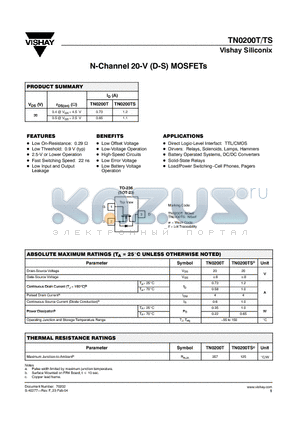 TN0200T datasheet - N-Channel 20-V (D-S) MOSFETs