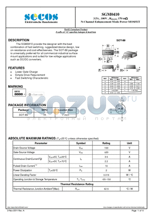 SGM0410 datasheet - 3.5A , 100V , RDS(ON) 170 m N-Channel Enhancement Mode Power MOSFET