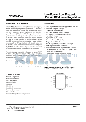 SGM2006-1.8XN5/TR datasheet - Low Power, Low Dropout, 150mA, RF - Linear Regulators