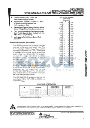 SN74LVC16T245 datasheet - 16 BIT DUAL SUPPLY BUS TRANSCEIVER WITH CONFIGURABLE VOLTAGE TRANSLATION AND 3 STATE OUTPUTS