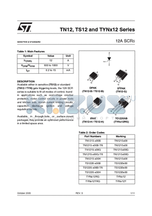 TN1215-800G datasheet - SENSITIVE & STANDARD(12A SCRs)