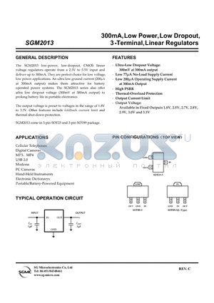 SGM2013-1.8XK3 datasheet - 300mA, Low Power, Low Dropout, 3 -Terminal, Linear Regulators