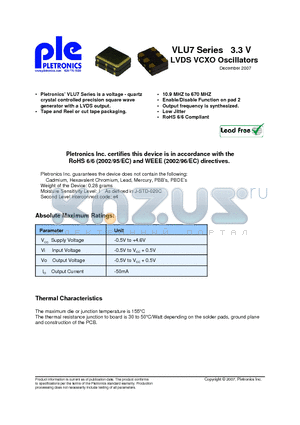 VLU7029036LK000050 datasheet - 3.3 V LVDS VCXO Oscillators
