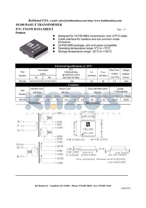 TN1195 datasheet - 10/100 BASE-T TRANSFORMER