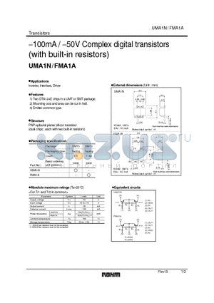 UMA1N datasheet - −100mA / −50V Complex digital transistors (with built-in resistors)