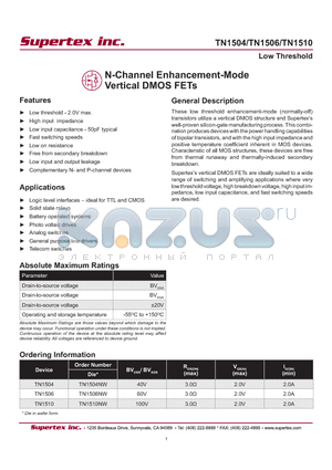 TN1510 datasheet - N-Channel Enhancement-Mode Vertical DMOS FETs