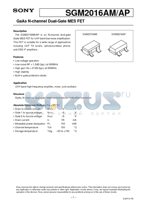 SGM2016AP datasheet - GaAs N-channel Dual-Gate MES FET