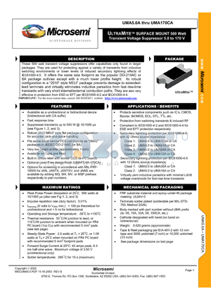 UMA54CA datasheet - ULTRAMITE SURFACE MOUNT 500 Watt Transient Voltage Suppressor 5.0 to 170 V