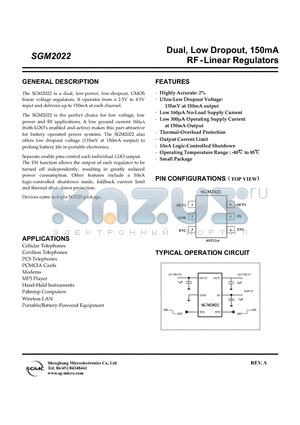SGM2022 datasheet - Dual, Low Dropout, 150mA RF - Linear Regulators