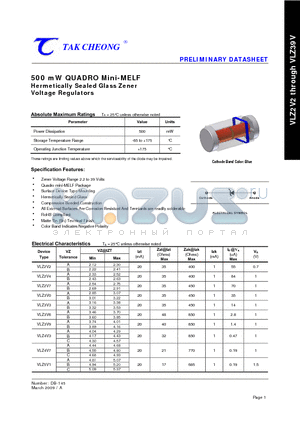 VLZ2V7 datasheet - 500 mW QUADRO Mini-MELF Hermetically Sealed Glass Zener Voltage Regulators