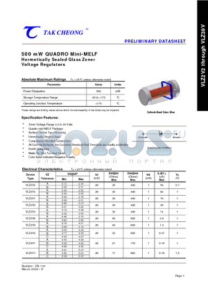 VLZ2V2 datasheet - 500 mW QUADRO Mini-MELF Hermetically Sealed Glass Zener Voltage Regulators